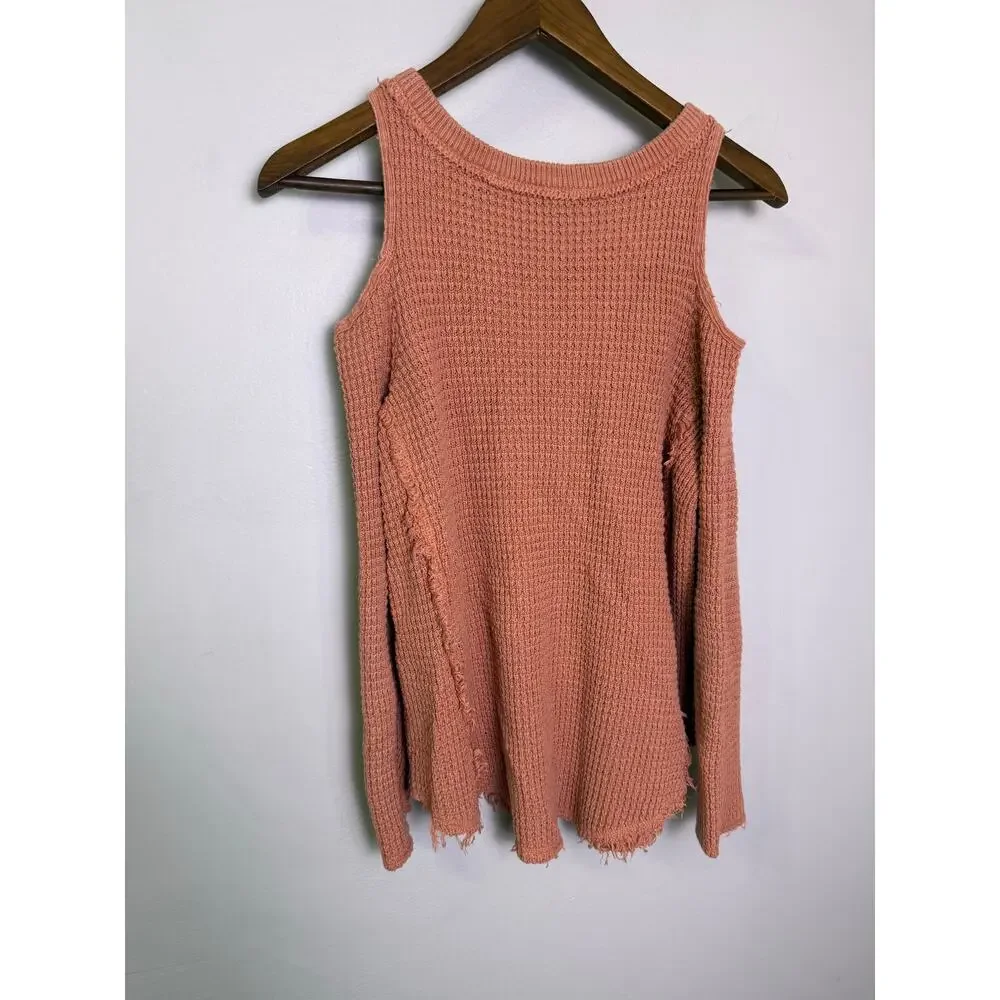 Free People Coral Pink Cold Shoulder Waffle Knit Sweater XS